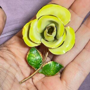 Rose Brooch Yellow Green Enamel Flower Stem Vintage Statement Pin 3”